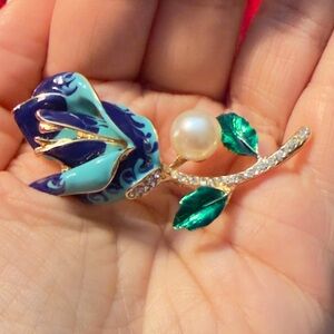 Vintage Blue Enamel Flower Brooch with Pearl Accent, Gold Tone Stem, Vibrant